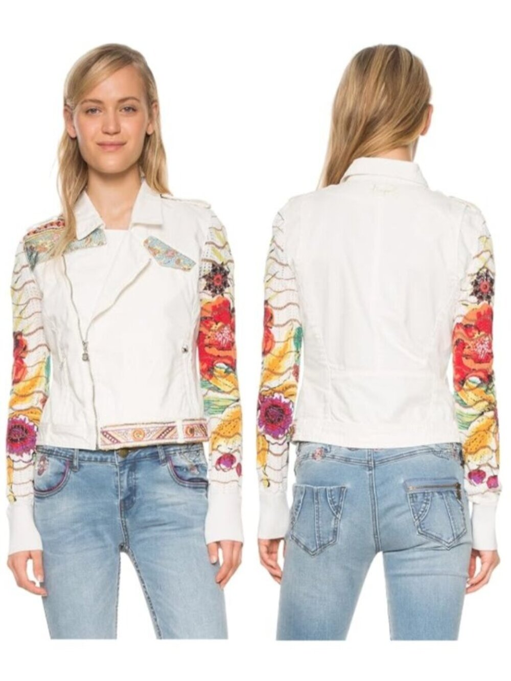 Desigual Colorful Floral Sequin Asymmetrical Zip Boxy Fit Moto Jacket